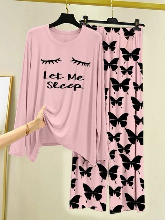 Let me Sleep Printed Pink Shirt with Butterfly Printed  Palazzo Night Suit