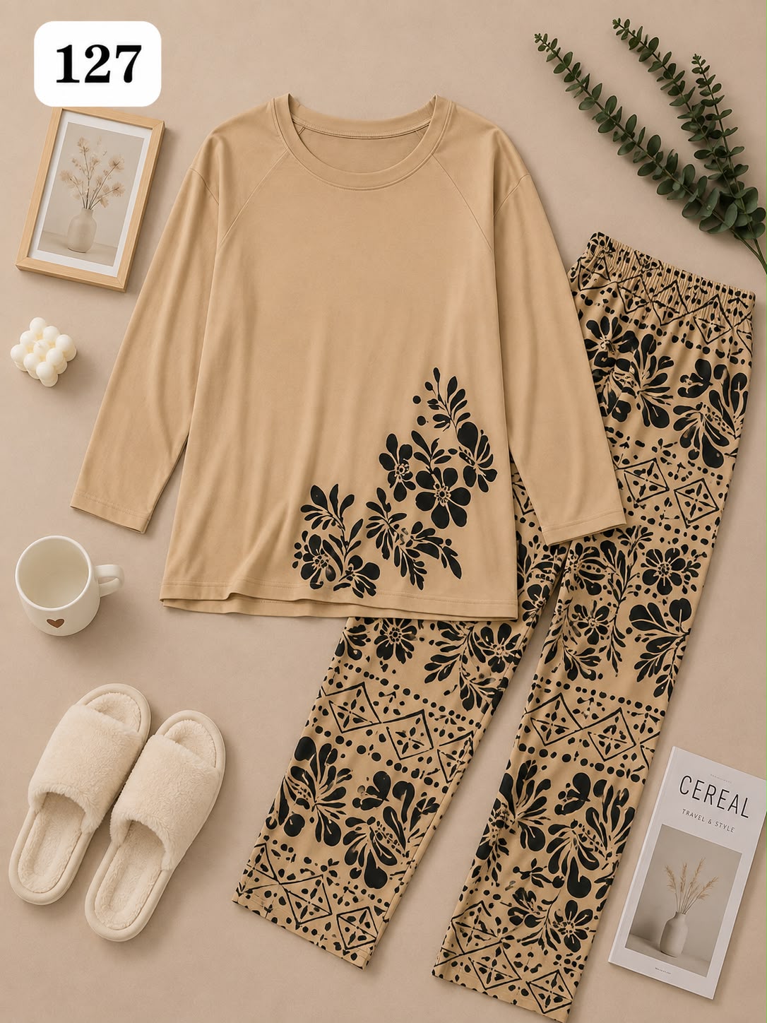Elegant Floral Printed Women’s Pajama Set – Beige & Black