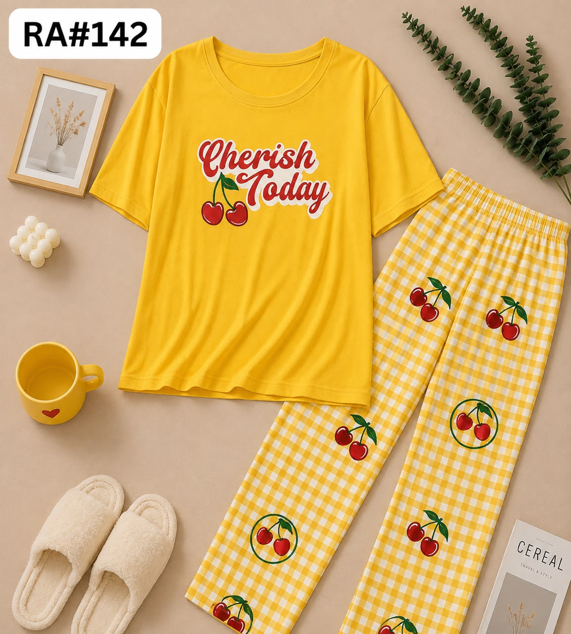 Cherish Today Cherry Printed yellow Checkered Women's Pajama Set