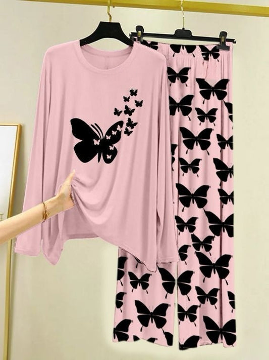 Flight of Butterflies  Printed Pink Shirt with Butterfly Printed  Palazzo Night Suit