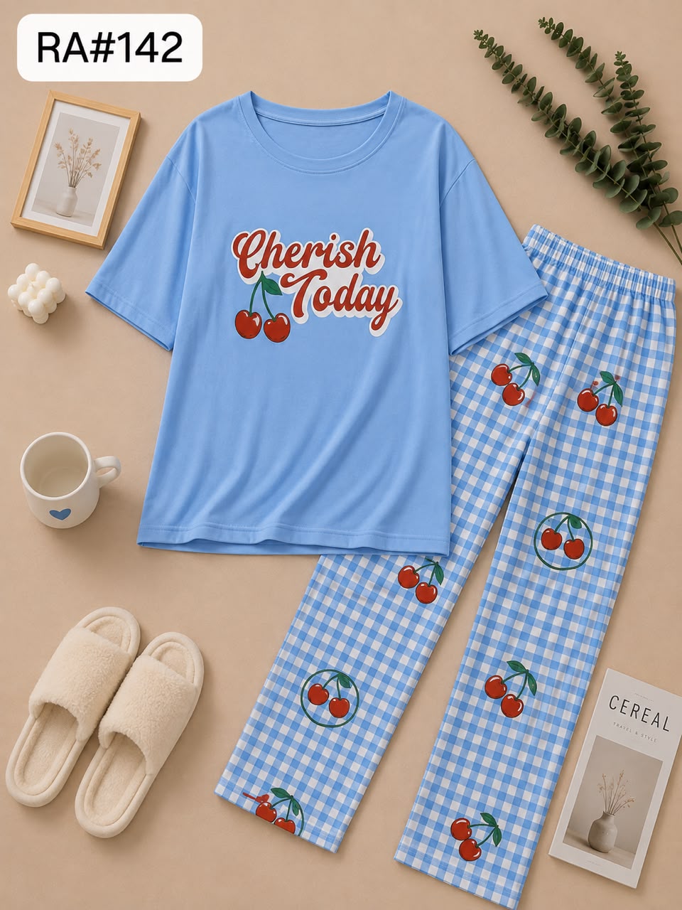 Cherish Today Cherry Printed Blue Checkered Women's Pajama Set