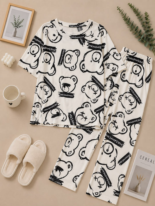 Teddy Doodle Printed Pajama Set