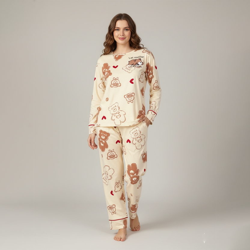 Multiple Bear printed ladies night suit fabric soft cotton jersey