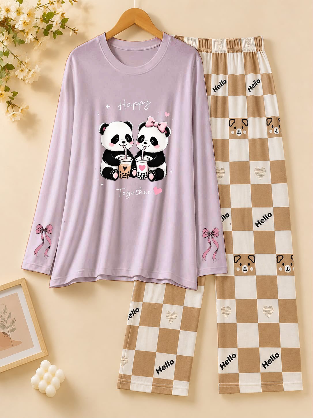 Light Lavender  Happy Panda Boba Printed Pajama Set