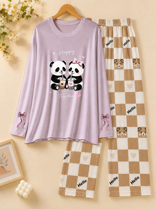 Light Lavender  Happy Panda Boba Printed Pajama Set