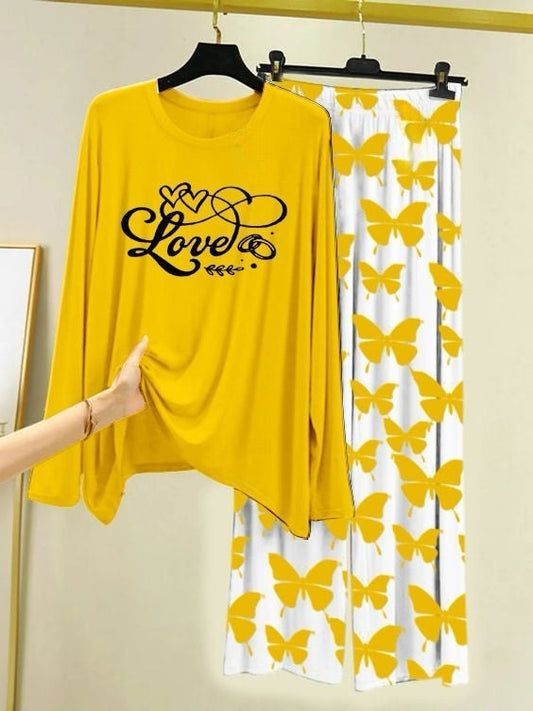 Love Script Printed Yellow  Shirt with Butterfly Printed  Palazzo Night Suit