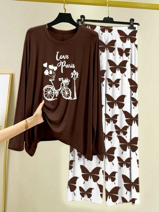 Love in Paris Printed Brown Shirt with Butterfly Printed Palazzo Night Suit