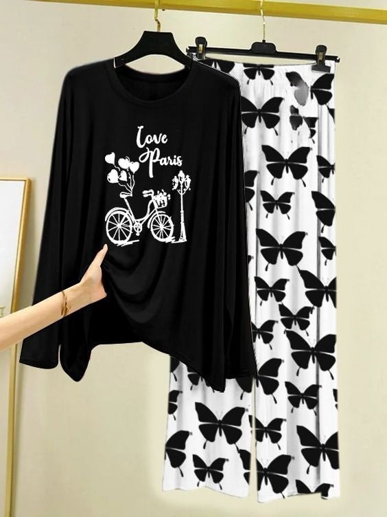 Love in Paris Printed Black Shirt with Butterfly Printed  Palazzo Night Suit