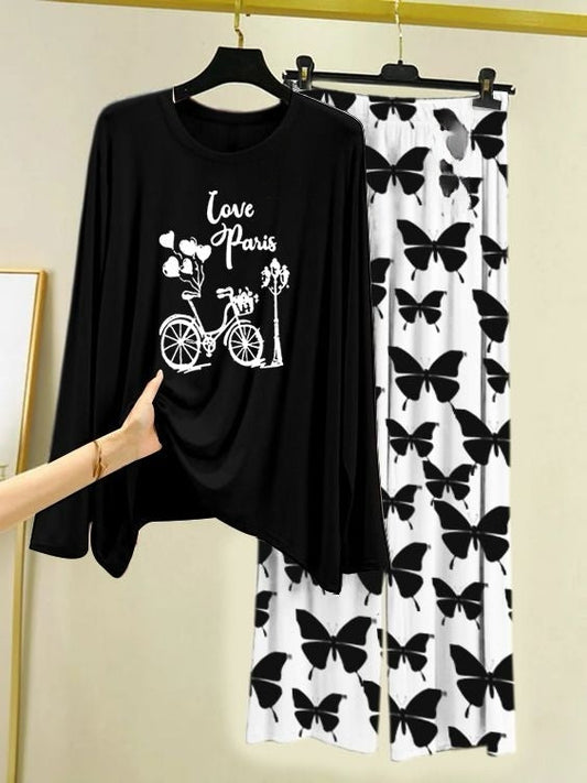 Love in Paris Printed Black Shirt with Butterfly Printed  Palazzo Night Suit