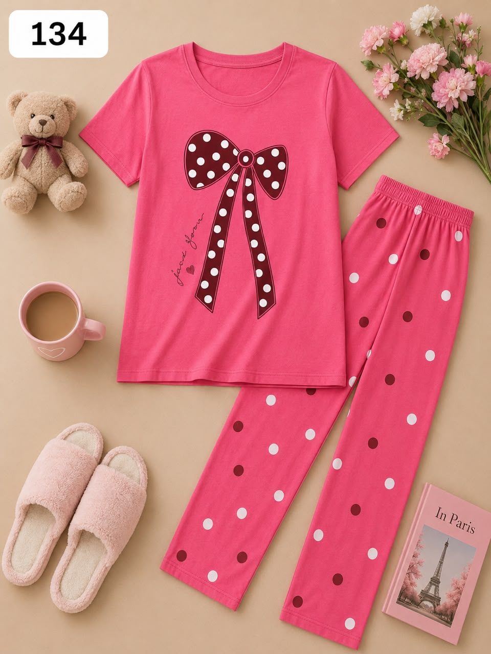 Polka Dot Bow Printed Pink Women's Pajama Set
