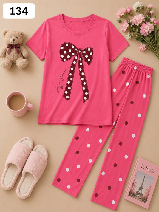 Polka Dot Bow Printed Pink Women's Pajama Set