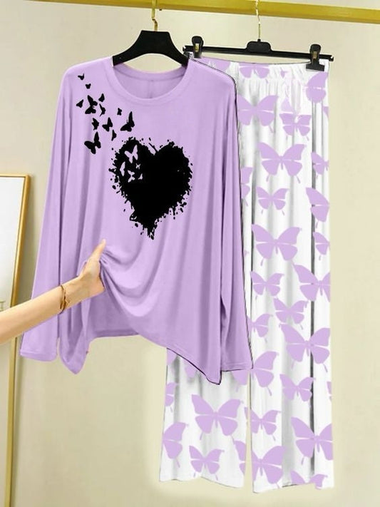 Butterfly Bloom Printed Light Purple  Shirt with Butterfly Printed  Palazzo Night Suit