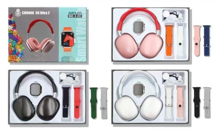 6 in 1 - Crown C6 Ultra-2 (1 Headphones & 1 smartwatch 3 silicone belts