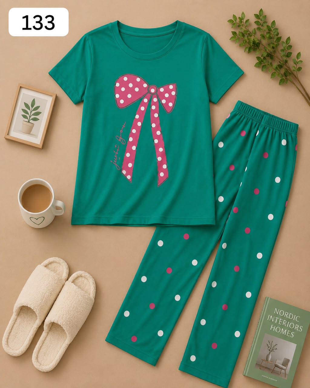 Polka Dot Bow Printed Green Women's Pajama Set