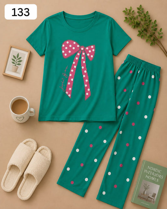 Polka Dot Bow Printed Green Women's Pajama Set