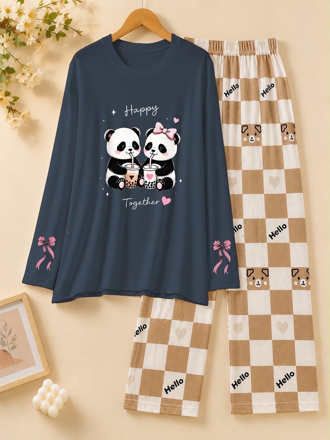 Dark NavyHappy Panda Boba Printed Pajama Set