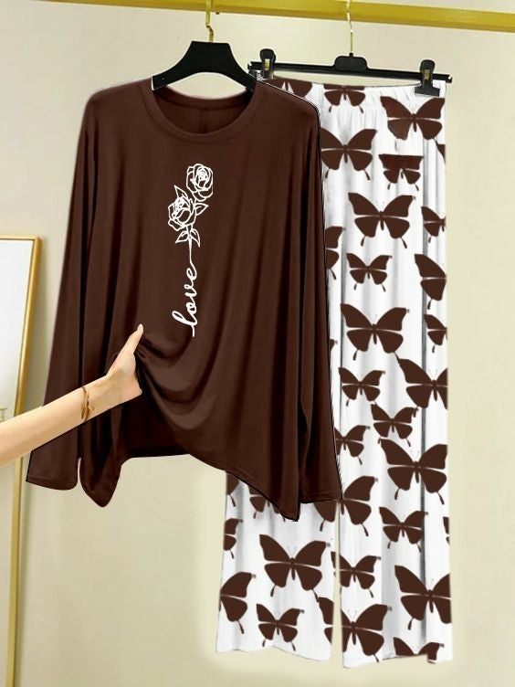 Rose Love Printed Brown Shirt with Butterfly Printed  Palazzo Night Suit