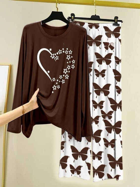 Starlight Heart Printed Brown Shirt with Butterfly Printed  Palazzo Night Suit