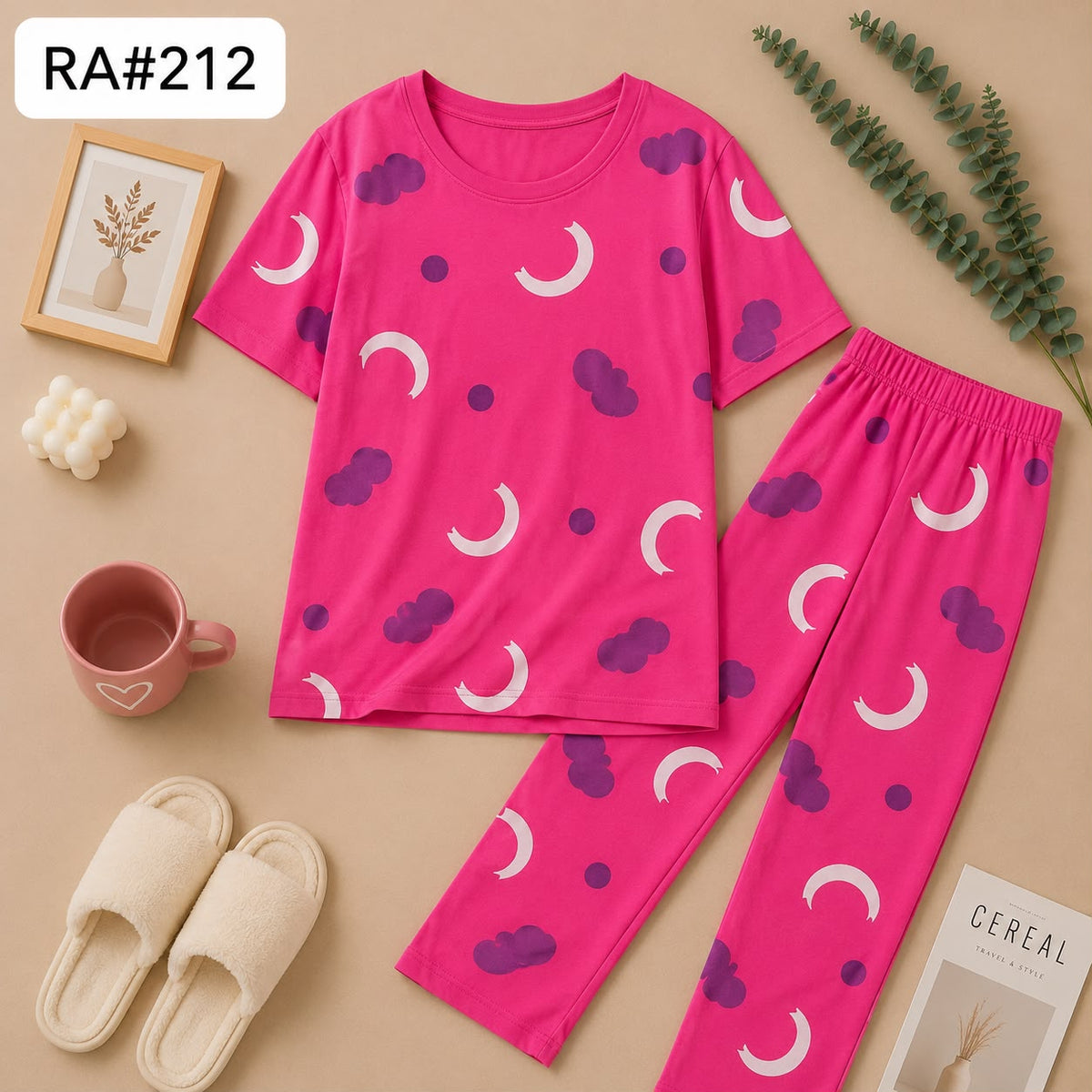 Pink Moon & Cloud Printed Women’s Pajama Set