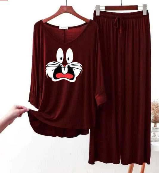 Maroon Bug's Bunny Full Sleeve Printed Flapper Style Dress