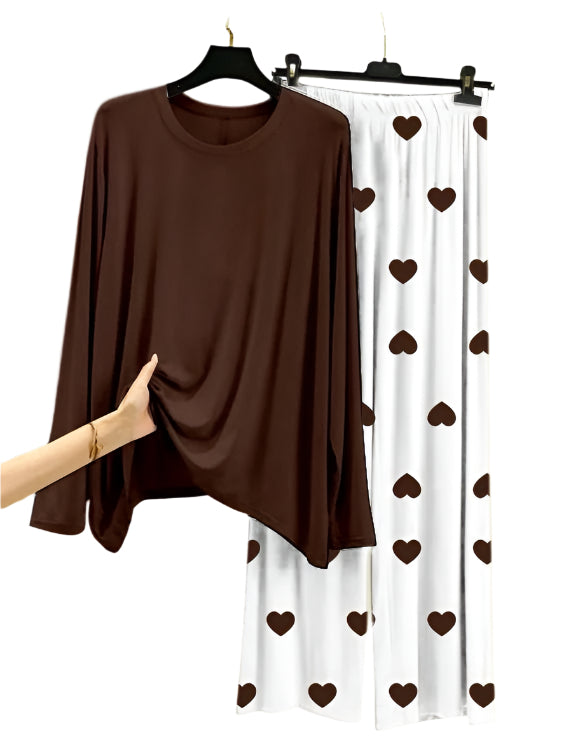 Plain Brown Shirt With Heart Printed  Palazzo Night Suit