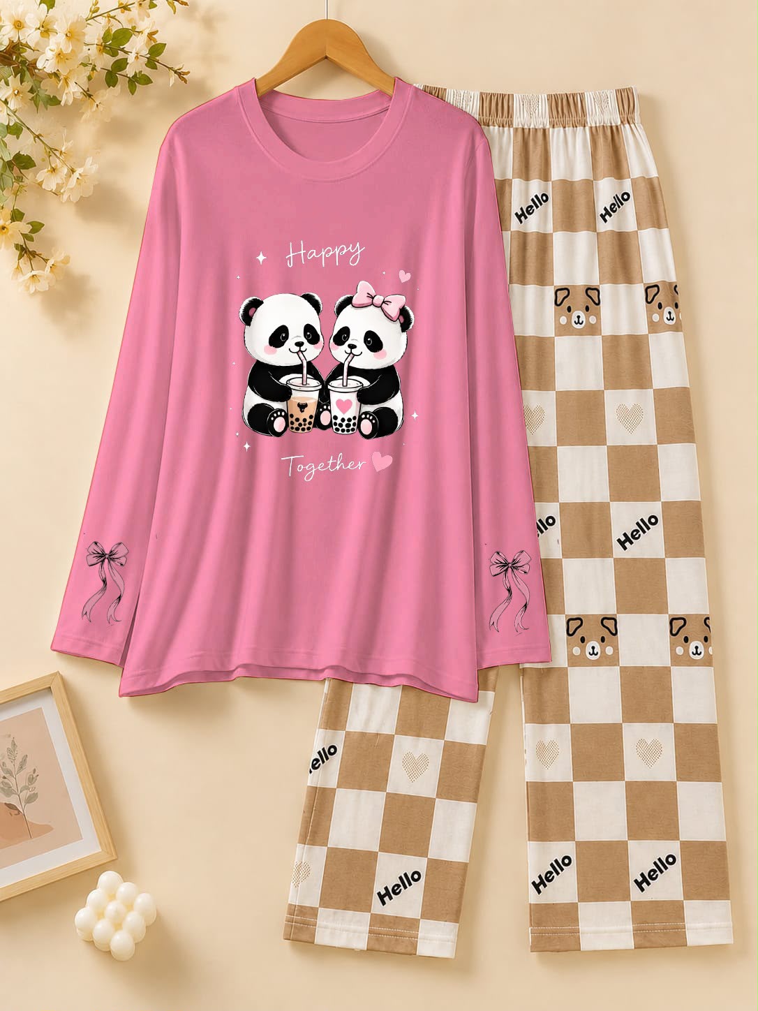 Pink Happy Panda Boba Printed Pajama Set
