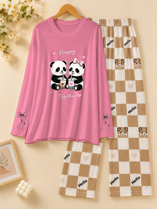 Pink Happy Panda Boba Printed Pajama Set