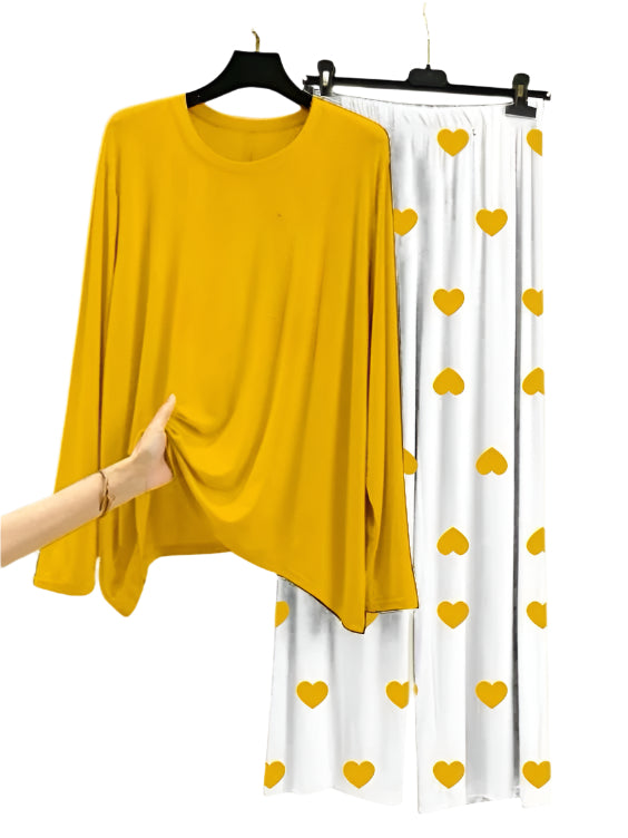 Plain Yellow Shirt With Heart Printed  Palazzo Night Suit