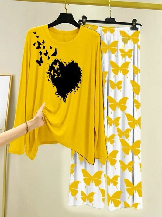 Butterfly Bloom Printed Yellow  Shirt with Butterfly Printed  Palazzo Night Suit