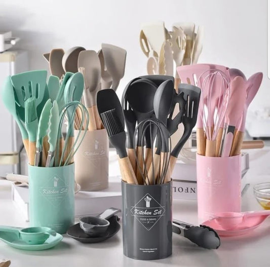 12pcs Silicon Kitchen Utensils Set | Black & Grey Color Available