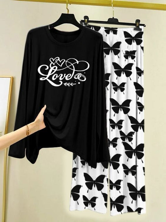 Love Script Printed Black Shirt with Butterfly Printed  Palazzo Night Suit