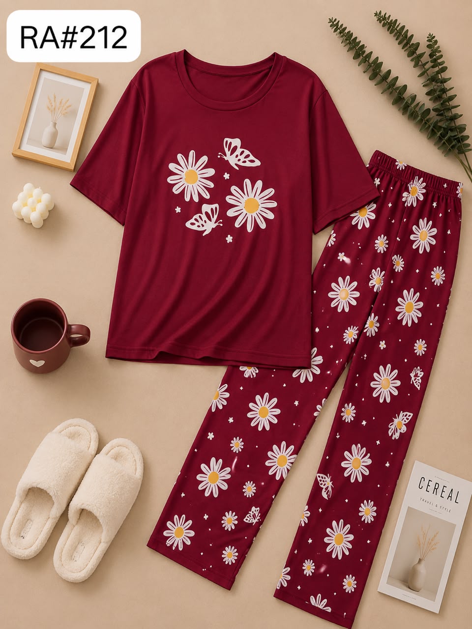 Maroon Floral Butterfly Pajama Set