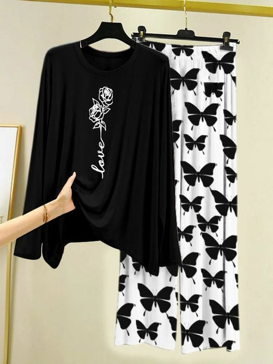 Rose Love Printed Black Shirt with Butterfly Printed  Palazzo Night Suit