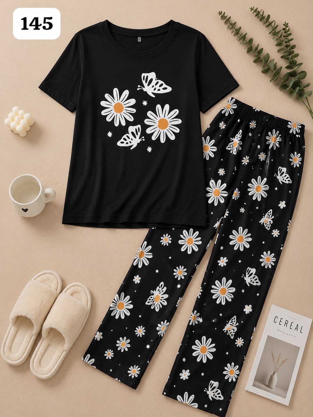 Black Daisy & Butterfly Pajama Set