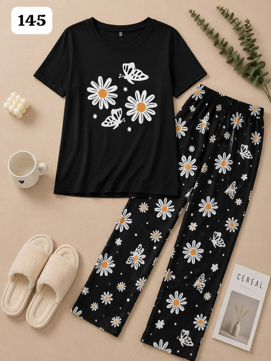 Black Daisy & Butterfly Pajama Set