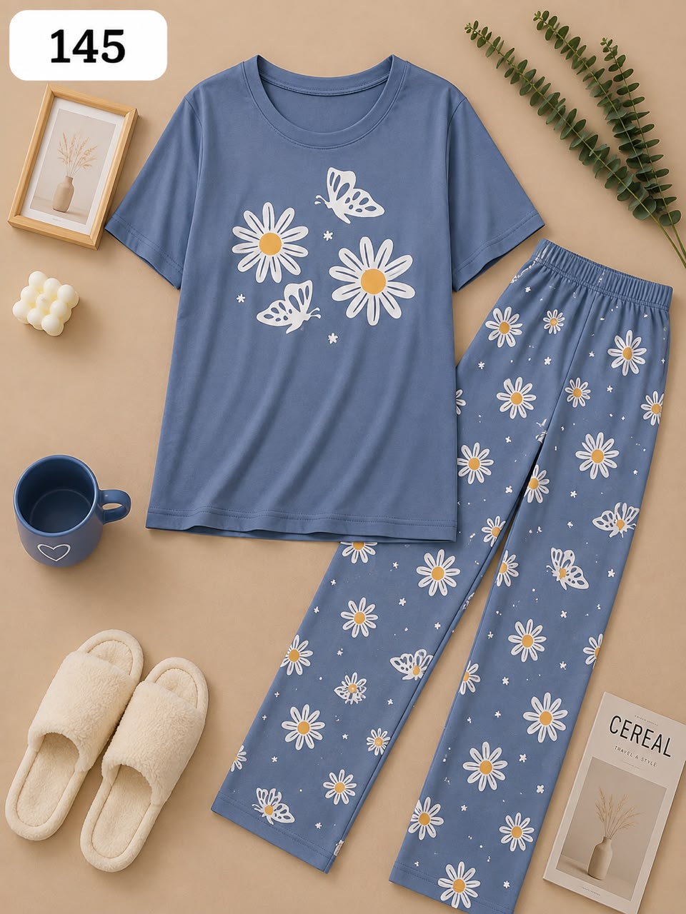 Blue Daisy & Butterfly Pajama Set