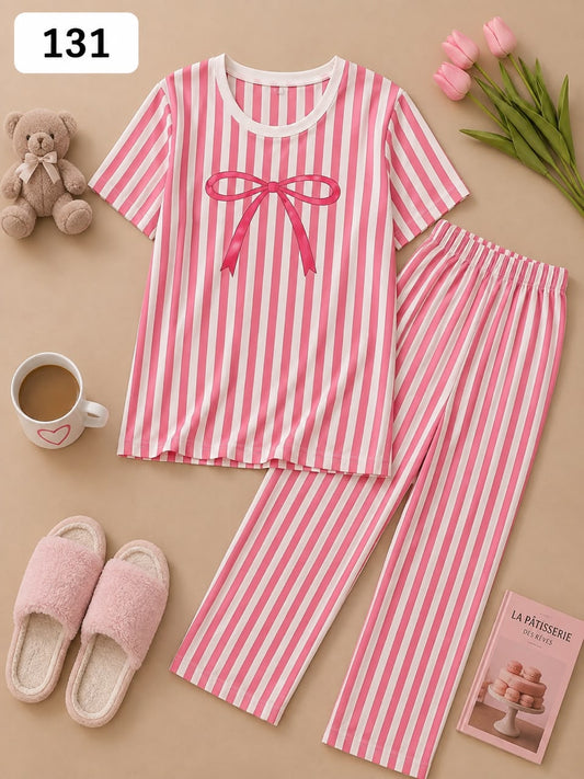 Pink Striped Bow Printed Women’s Pajama Set