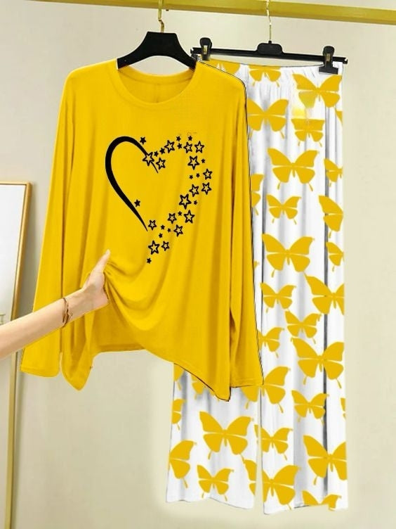 Starlight Heart Printed Yellow  Shirt with Butterfly Printed  Palazzo Night Suit