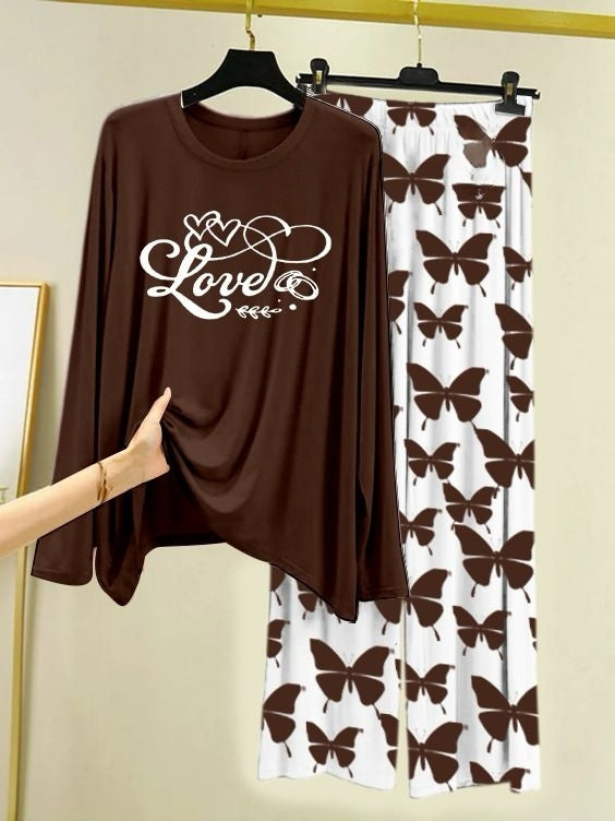 Love Script Printed Brown Shirt with Butterfly Printed  Palazzo Night Suit