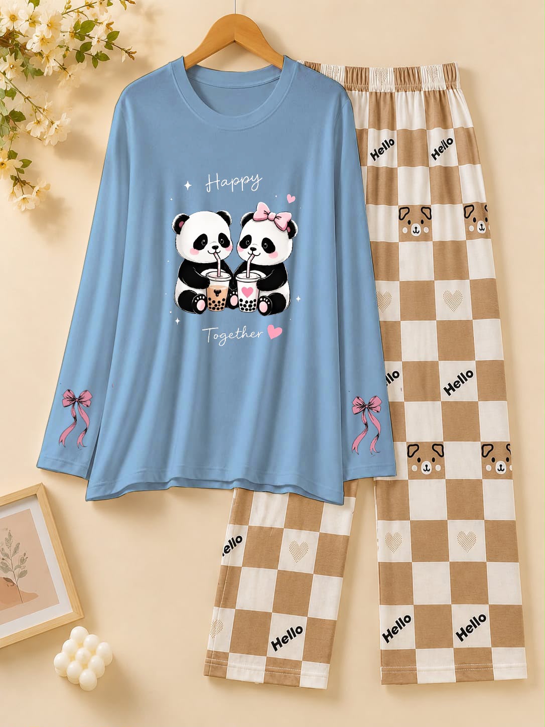 Sky blue  Happy Panda Boba Printed Pajama Set