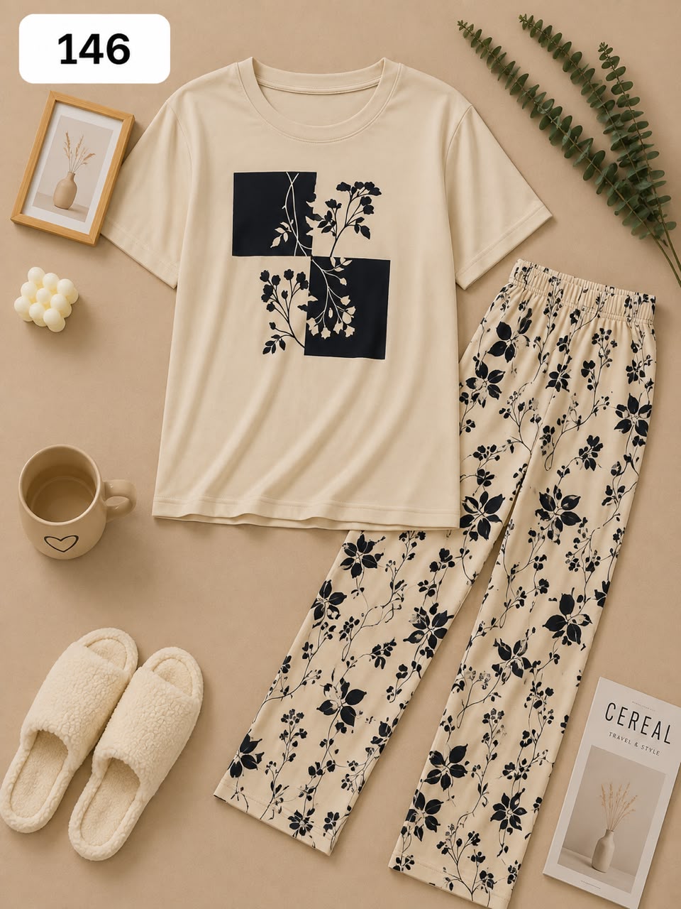 Beige Floral Print Women’s Pajama Set