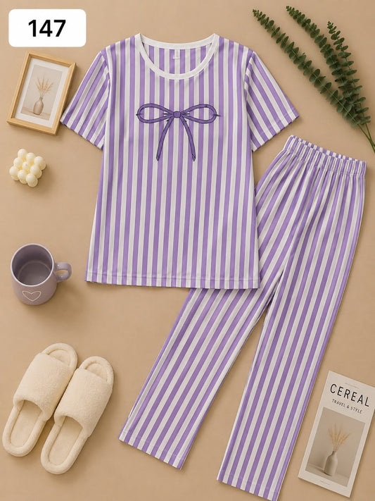 Lavender Striped Bow Printed Women’s Pajama Set
