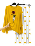 Rose  Flower Printed Yellow Shirt With Heart Printed Trouser
