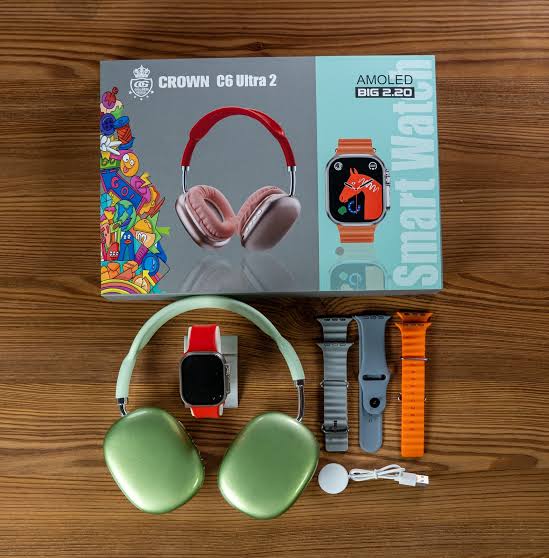 6 in 1 - Crown C6 Ultra-2 (1 Headphones & 1 smartwatch 3 silicone belts