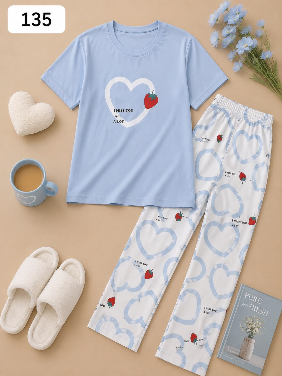 I Miss You Heart Printed Women's Pajama Set