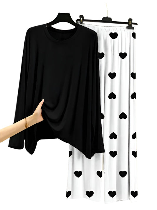 Plain Black Shirt With Heart Printed  Palazzo Night Suit