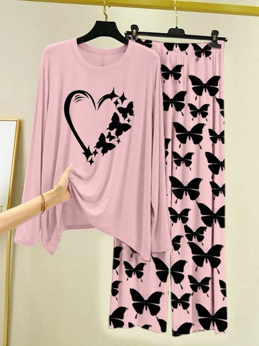 Fluttering Heart Printed Pink Shirt with Butterfly Printed  Palazzo Night Suit