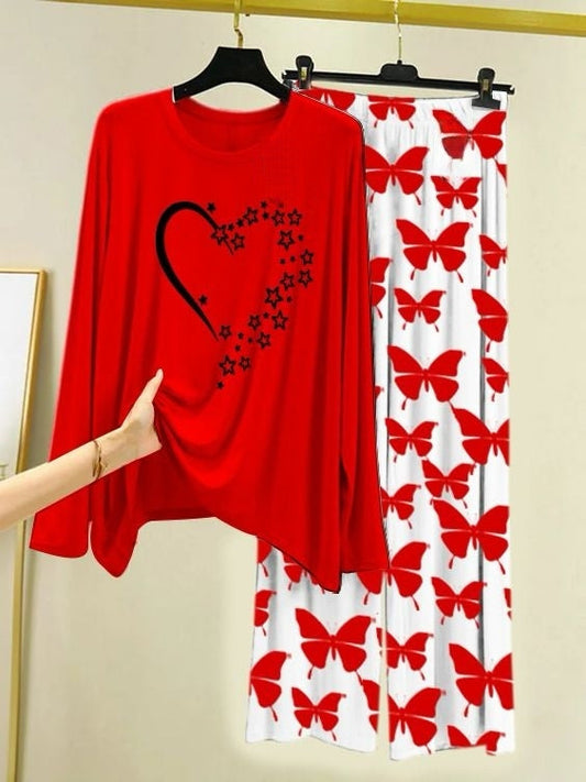 Starlight Heart Printed Red  Shirt with Butterfly Printed  Palazzo Night Suit